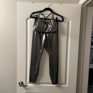 NIKE workout set!! WORN ONCE! Medium top and bottoms. Shiny, gunmetal color.